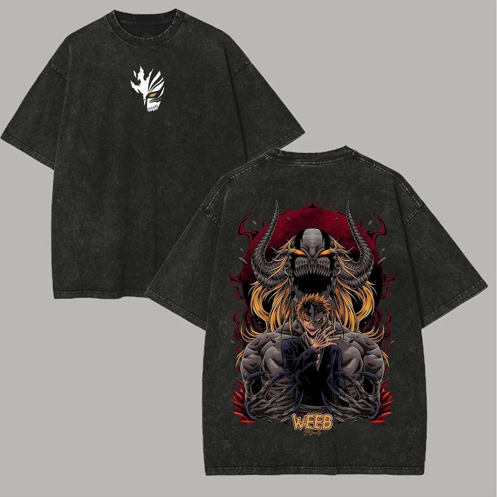 Hot-blooded Anime Bleach Kurosaki Ichigo Graphic Print T-Shirt Men Women Vintage Washed Cotton Summer New Tee Streetwear Y2K Fashion Oversized Top