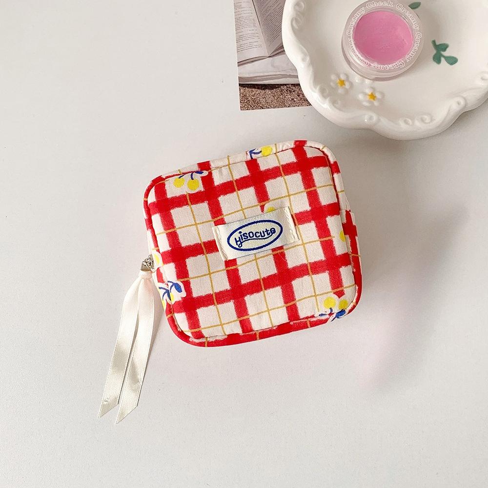 Fabric Small Cherry Patterned Storage Bag for Girls' Portable Sanitary Napkin Carrying Bag with Compartments  Mini Bag, Small Square Bag