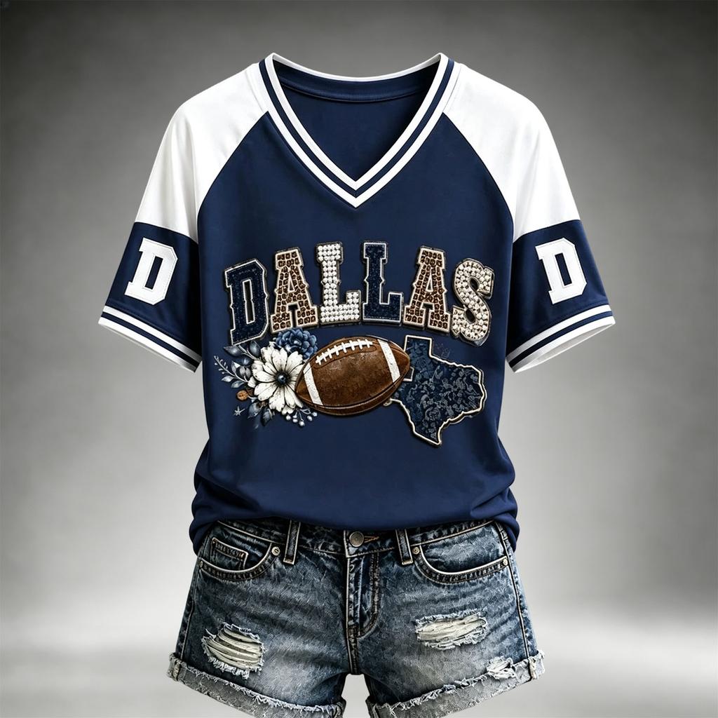 Women's Casual V-Neck Short Sleeve Top Lightweight Breathable Football Team Print Shirt