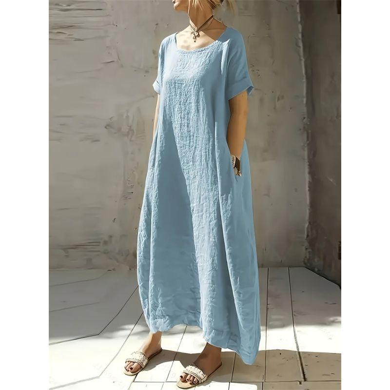 Fashion Women Dress Ladies Skirt Ice Silk Wrinkle Loose Plus Size Round Neck Short Sleeve Dress