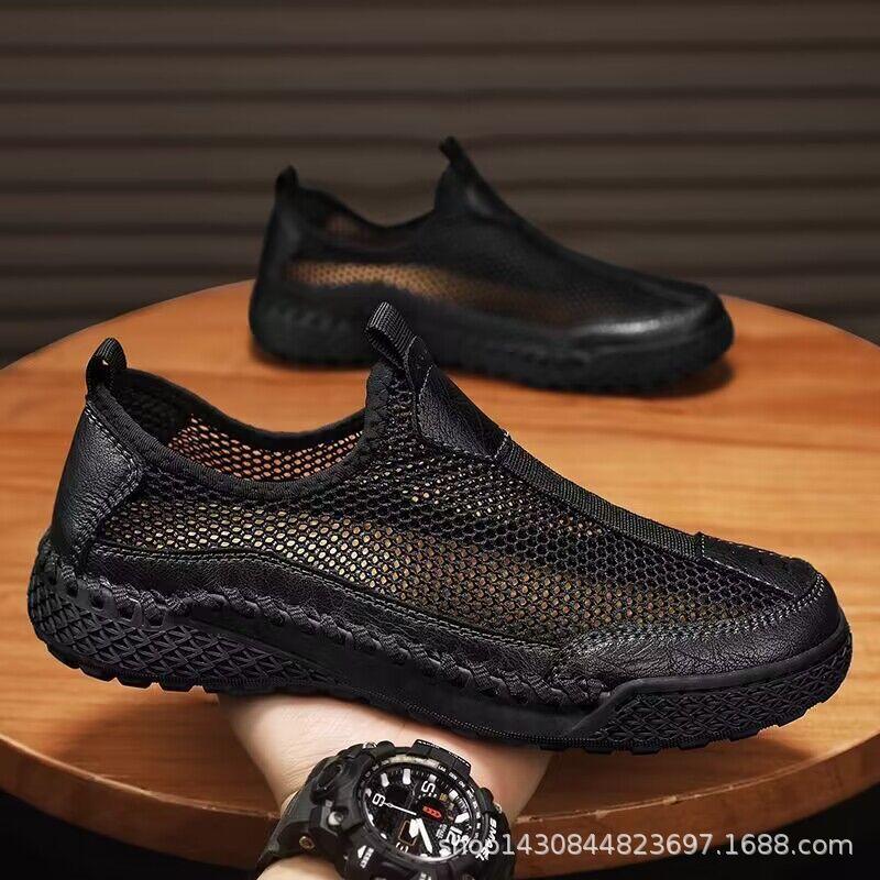 

Высококачественные мужские туфли из сетчатой кожи, летние новые дышащие спортивные туфли 38 чёрный