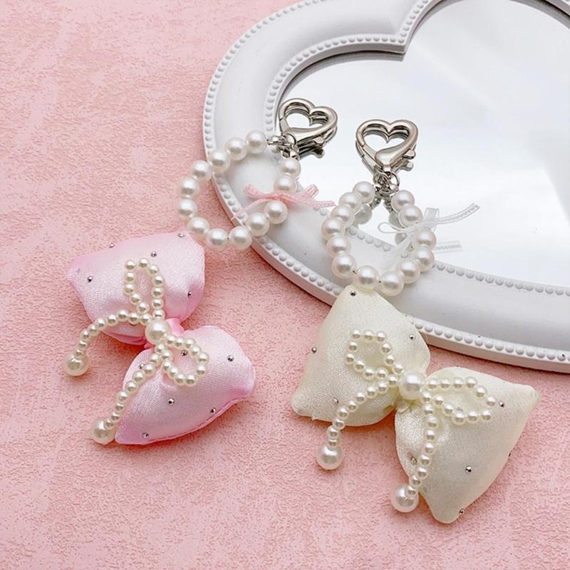 Colorful Keyring Imitation Pearl Beaded Butterfly Phone Chain Stylish Bowknot Charm Keychain Wallet Camera Decoration