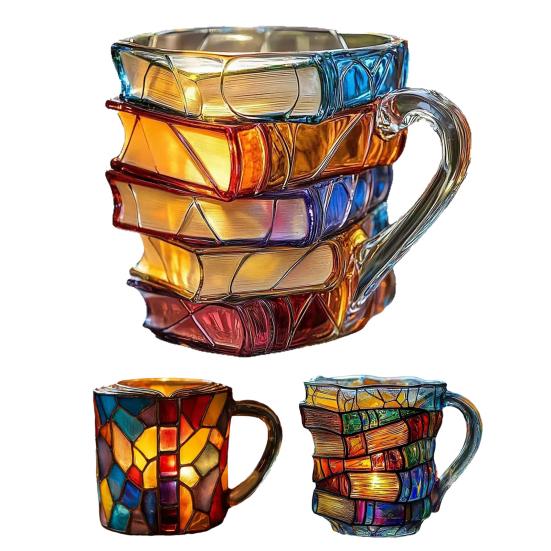 3D Book-Shaped Coffee Mug with Spoon Hand-Painted Book Mug Retro Novel Inspired Mug Hot Cold Brews Cup Gifts for Book Lovers Office