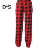 Women Pants High Elastic Waist Drawstring Wide Leg Loose Contrast Color Plaid Print Casual Soft Breathable Pockets Full Length Lady Long Trousers