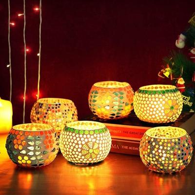 Pack of 6 Mosaic Glass Votive Tealight Candle Holders for Dining Table Christmas Decorations Items for Home Decor Office Living Room Xmas Gift