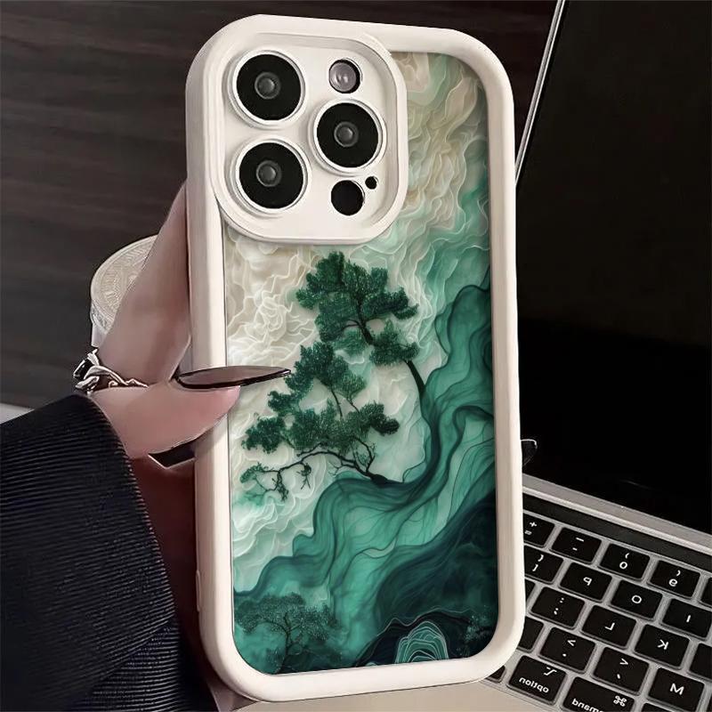 Chinese Style Cloud Mist Green Pine Phone Case For iPhone 16 Pro Max 15 14 13 12 11 XS MAX X XR 7 8 Plus MINI 16E Colorful Cover