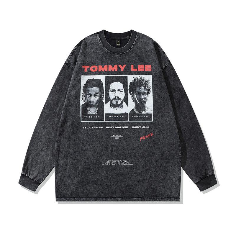 High Street Spoof Printed Long-Sleeved T-Shirt Retro Polished Old Heavy Cotton Crew Neck Sweater For Men And Women