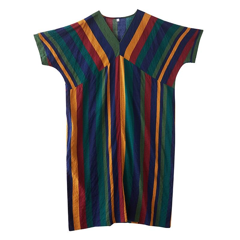 Short Sleeve Plus Size Cotton Vintage Stripe New In Dresses for Women Casual Loose Long Summer Dress