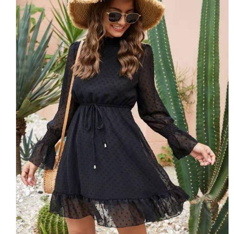 

Модное весенне-осеннее новое платье с бахромой, круглым вырезом, черное, с регулировкой талии шнуровкой, оборками, длинными рукавами, короткой юбкой Black XL