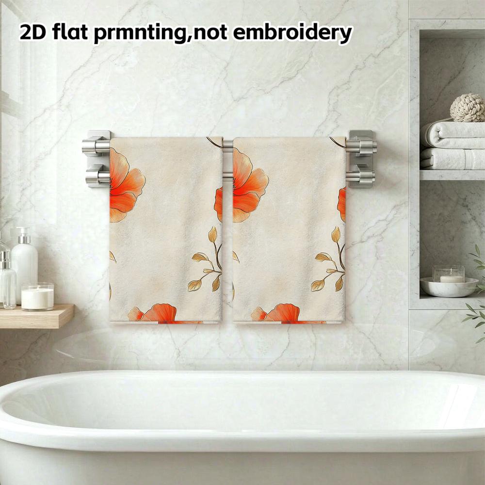 Beige Red Poppy Gold Line Bath Towel, Soft Absorbent Quick Dry Elegant Floral Bathroom Shower Towel