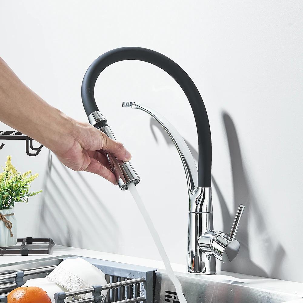 Chrome Rubber Kitchen Faucet Mixer Tap Rotation Pull Down Stream Sprayer Taps Hot Cold Water Tap One Handle Kitchen Tap