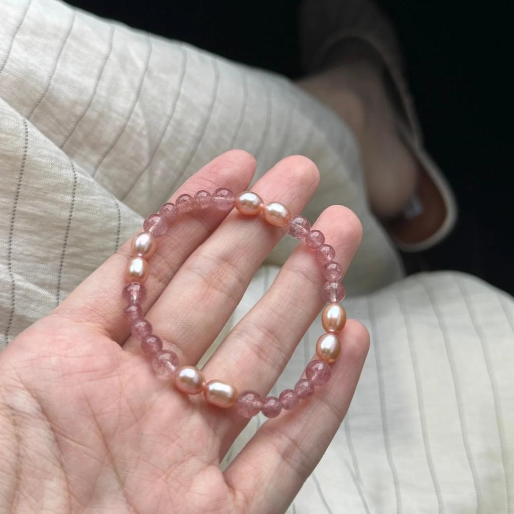 Peach Blossom Feng Shui Strawberry Crystal Natural Freshwater Pearl Bracelet Sweet and Cute New Chinese Style Bracelet