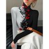 Women's Printed Cheongsam Collar Slim-fitting Long-sleeved T-shirt, Elegant Long-sleeved Bottoming Shirt, Spring and Autumn Women's Clothing