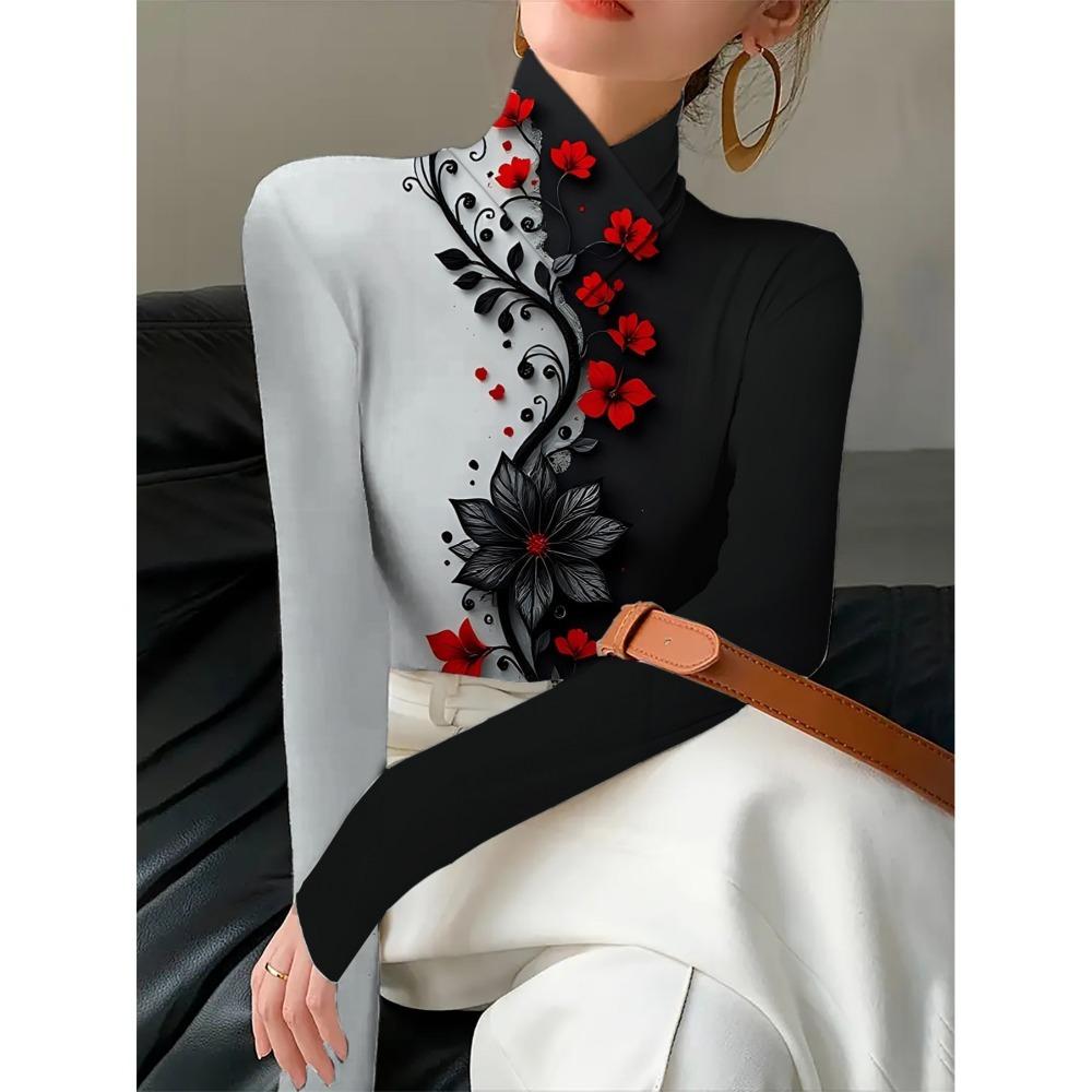 Women's Printed Cheongsam Collar Slim-fitting Long-sleeved T-shirt, Elegant Long-sleeved Bottoming Shirt, Spring and Autumn Women's Clothing