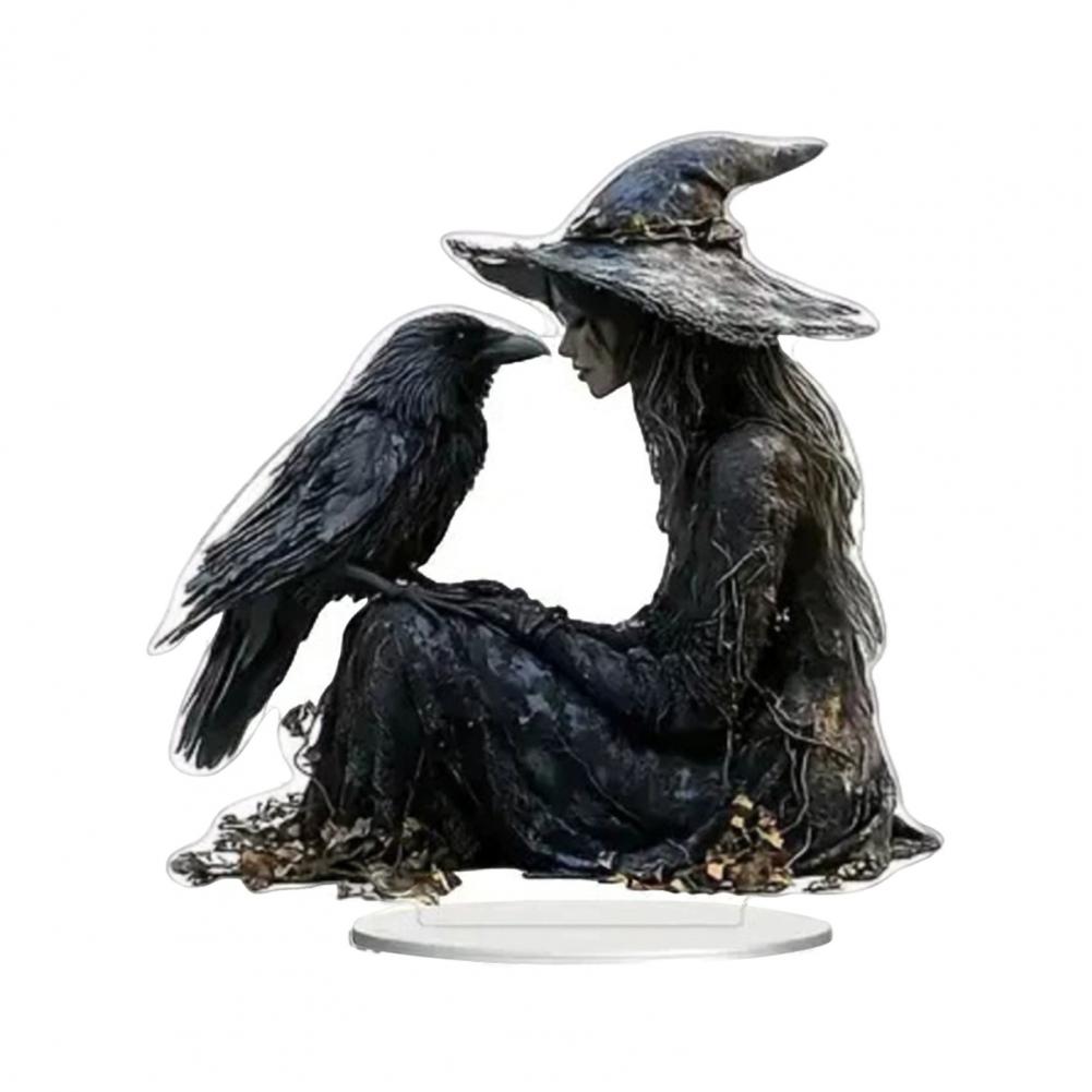 Halloween Witch Decoration Witch Decor Spooky Halloween Crow Witch Acrylic Ornament for Home Office Decor 2d Raven for Bookshelf