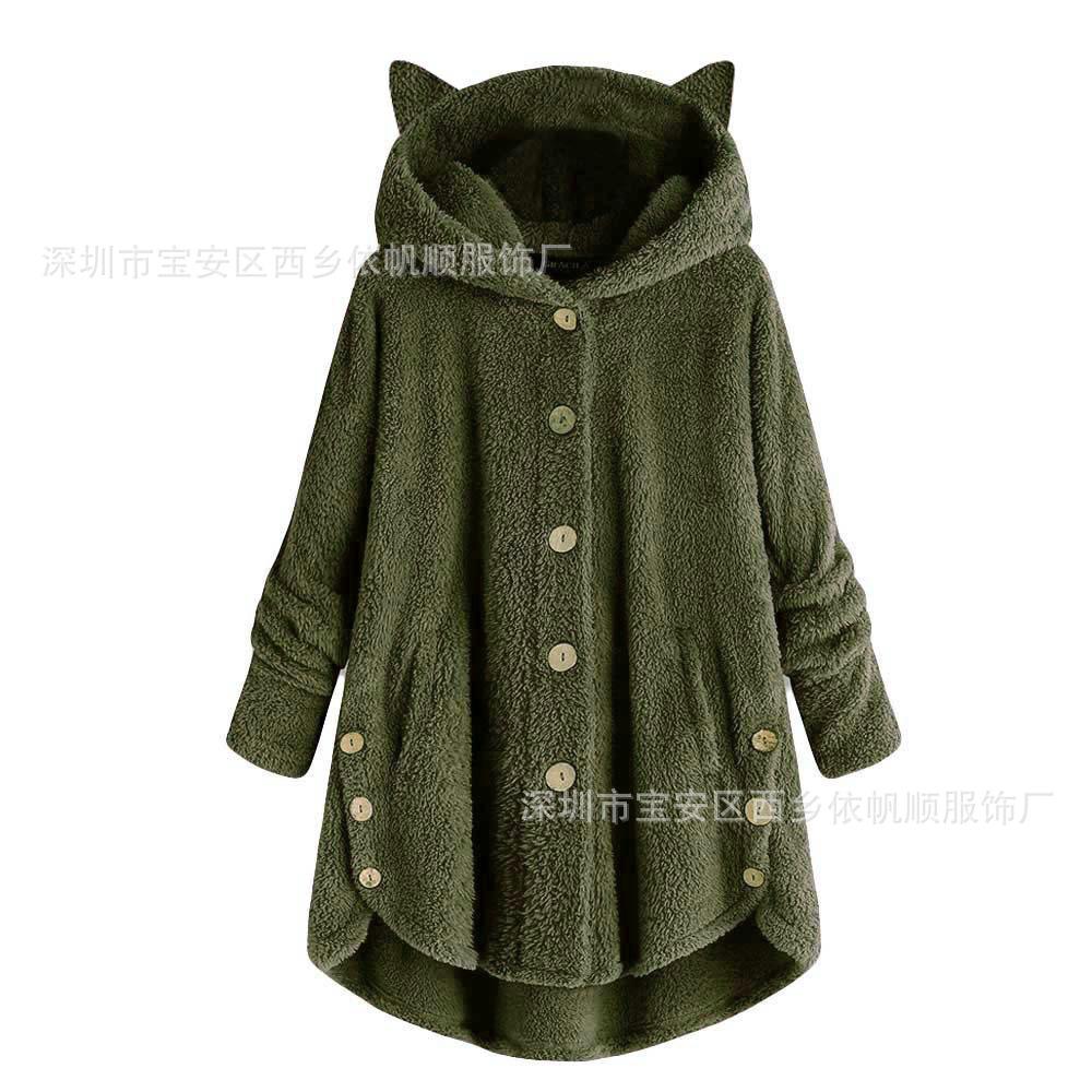 Autumn and Winter European and American Buttons Hooded Cat Ears Plush Top Irregular Trendy Brand Solid Color Coat Women