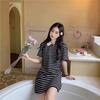 Summer 2025 Korean Sweet Sporty Striped Polo Collar Dress - Women's Short Sleeve Slimming Style