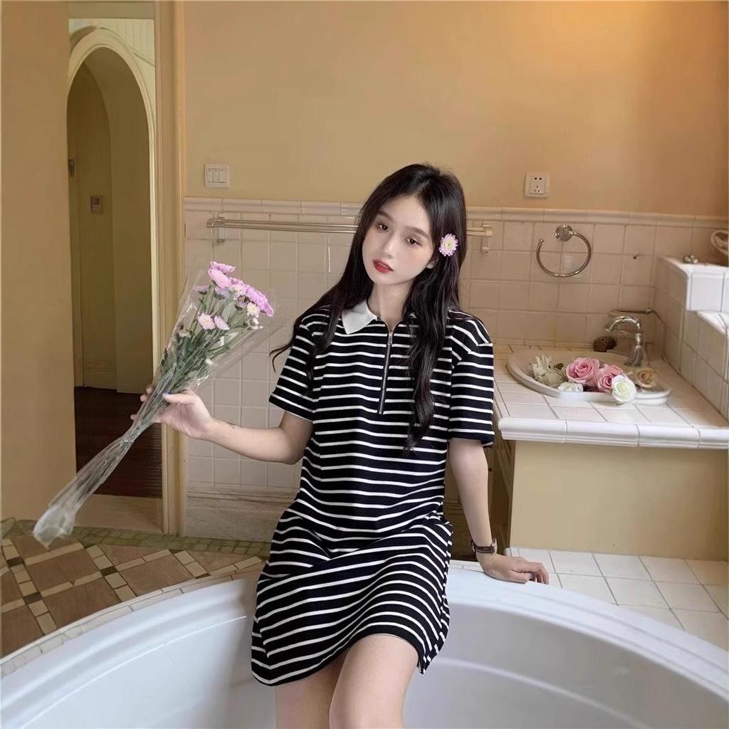 Summer 2025 Korean Sweet Sporty Striped Polo Collar Dress - Women's Short Sleeve Slimming Style