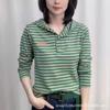 Striped Long-sleeved T-shirt for Women's Loose Versatile Hooded Sweatshirt Base Shirt Fashionable Top
