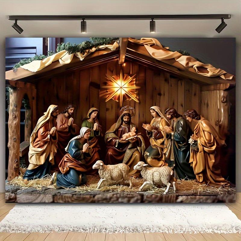 Christmas Nativity scene background fabric - Nativity with women and children, sheepfold design, polyester 100x150cm