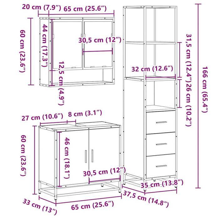 VidaXL Ensemble de meubles de salle de bain 3 pcs Sonoma gris, armoire de rangement, armoire de bain, meuble de toilette 3301158