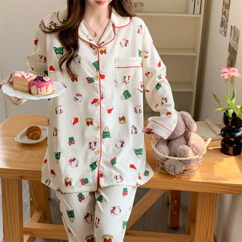 

Christmas Pajamas Pure Cotton Long-sleeved Trousers Two-piece Set Cartoon Christmas Tree Home Wear Women s Pajamas M