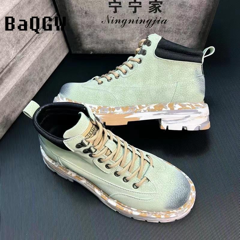 Fashion High Top Color Block Leather Boots Men Fashion Motorcycle Ankle Colorful Designer Boots for Men Boots Lace-Up Luxury Man Shoes