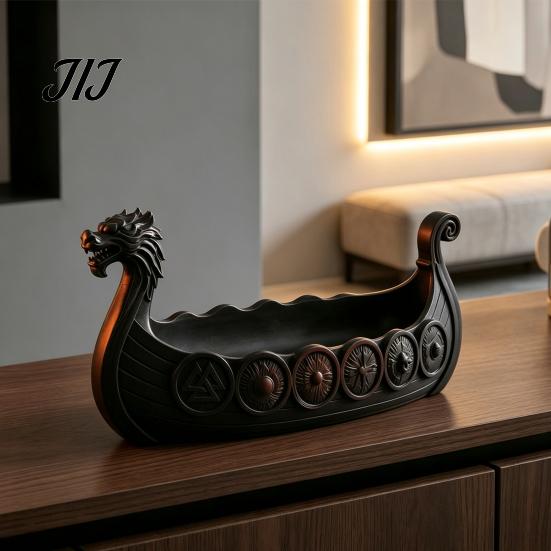 Resin Entryway Key Tray Dragon Boat Storage Case, Decorative Space Saving Desktop Jewelry Bowl Organizer, Matte Finish Sculpture for Home Office