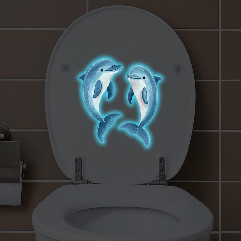 Blue Glow in The Dark Dolphin Toilet Decal Stickers Creative Bathroom Wall Art, Removable Waterproof Vinyl Decor for Home