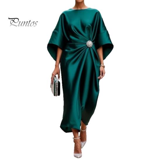 Alltags lässiges Kleid Damen Satin Fledermausärmel Maxikleid, Strassakzent Rundhals Polyester Abendparty A-Linie Formell Hochzeitsgast