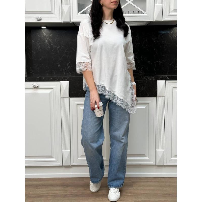 Women's 2026 New Fashion Casual Round Neck Lace Patchwork Solid Color Loose Short Sleeve T-Shirt