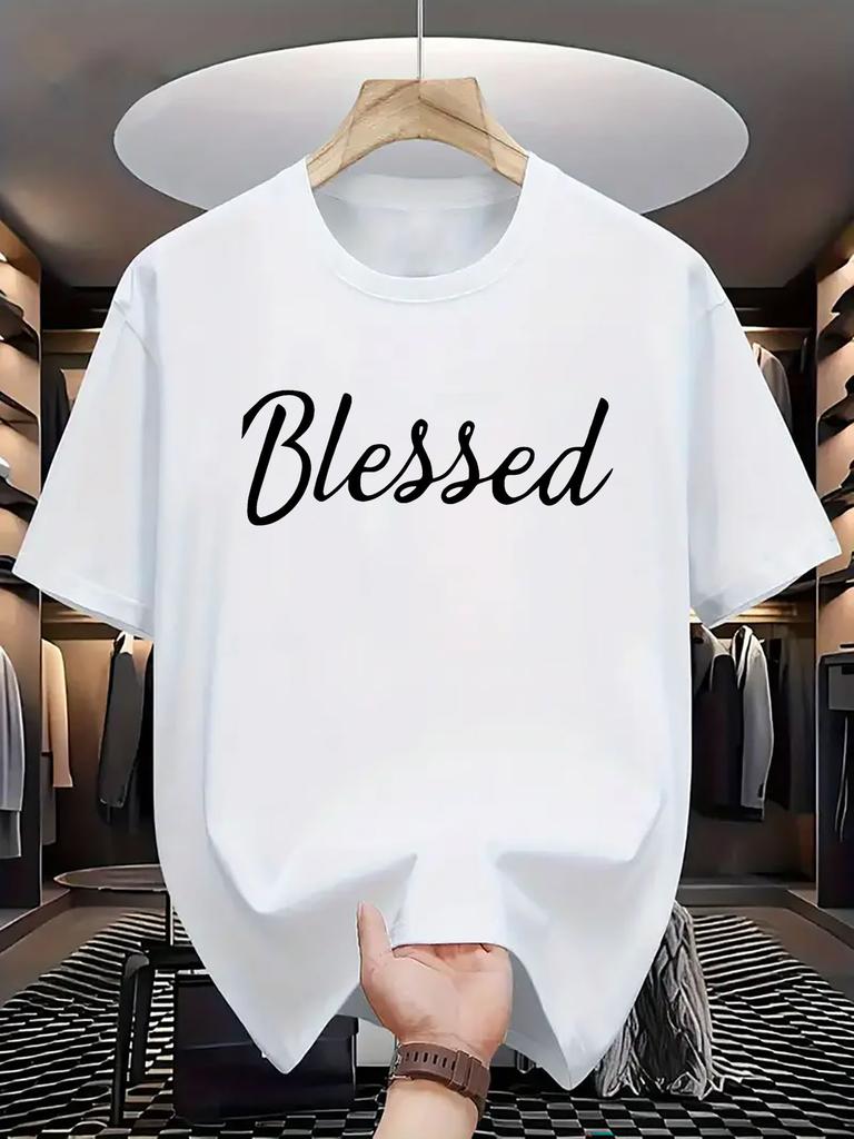 Mens BLESSED pattern Tshirt Black casual roundneck Tshirt comfortable and suitable for daily wear and outdoor activities