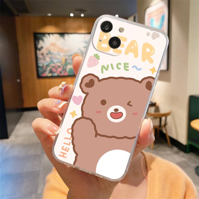 Cute BEAR Transparent Phone Case For iPhone 15 14 13 12 Mini 11 Pro Max XS X XR 7 8 Plus Clear Shockproof Silicone Cover