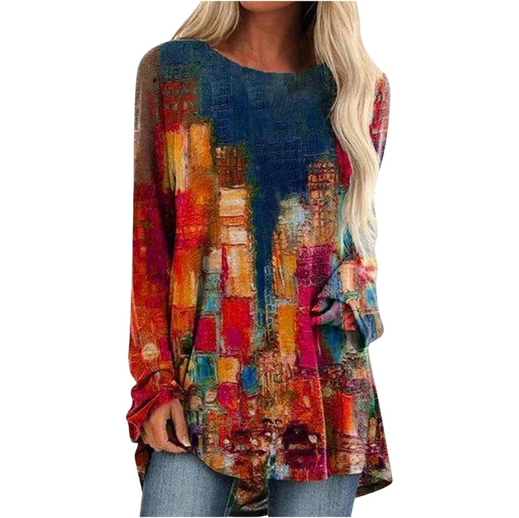 Spring and Autumn Round Neck 3D Color Blocking Printed Top Fashionable Casual Long Sleeved Women's T-shirts