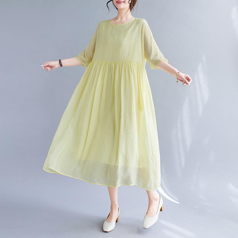 2025 summer new cotton and linen dress fine wrinkle texture double layer yellow fairy dress casual loose dress