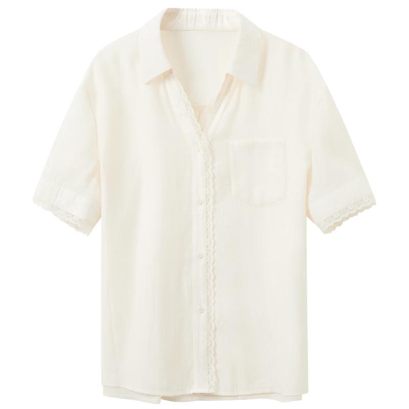Sancai 2026 Summer Lace Spliced Loose Mid-Sleeve Lapel Shirt XL