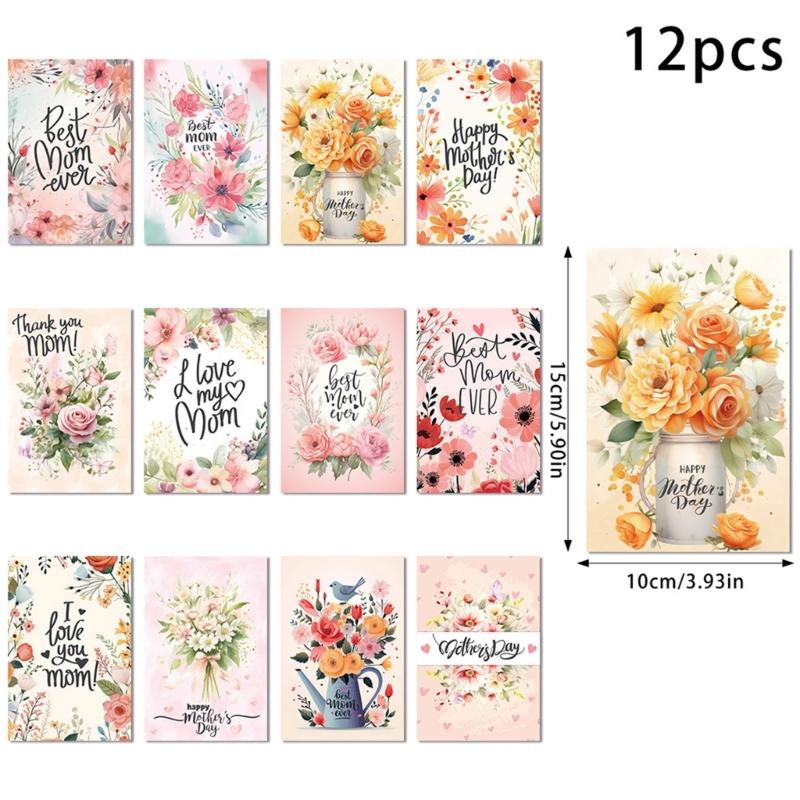 Pack Of 12 Beautifully Designed Mother's Day Greeting Cards Colorful Postcards Set with Envelopes Party Decorations