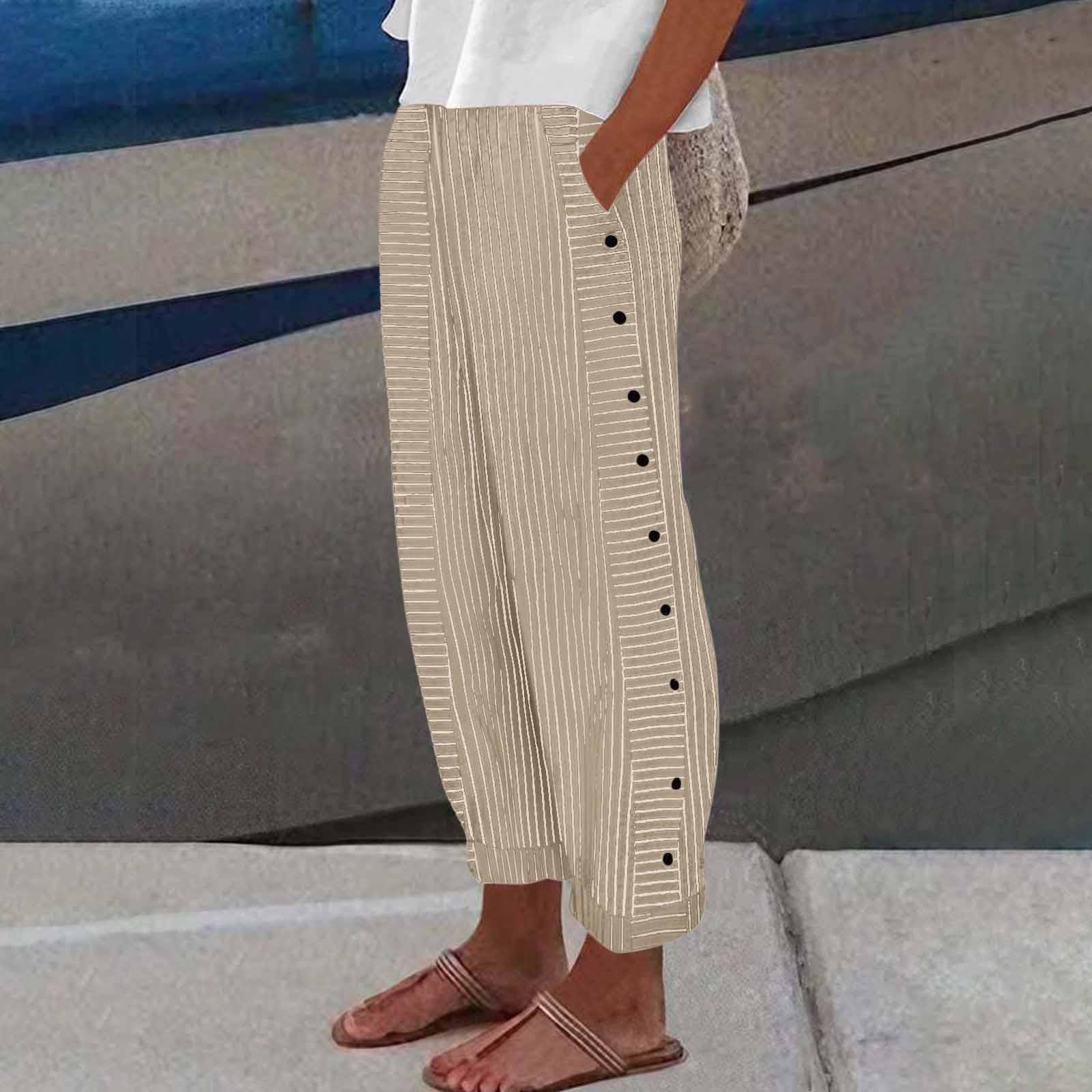 

Женские повседневные модные брюки в полоску с принтом сбоку, мешковатые брюки с эластичной резинкой на талии, прямые удобные брюки с карманом XXL хаки