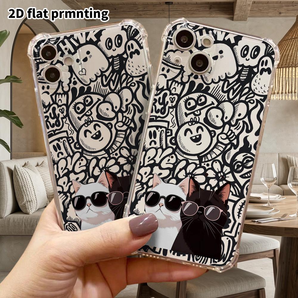 Phone Case: 2D flat suitable for iPhone 18 17 16 15 14 13 Pro, transparent four corner protective case, sunglasses double cats, Christmas and Hallowee