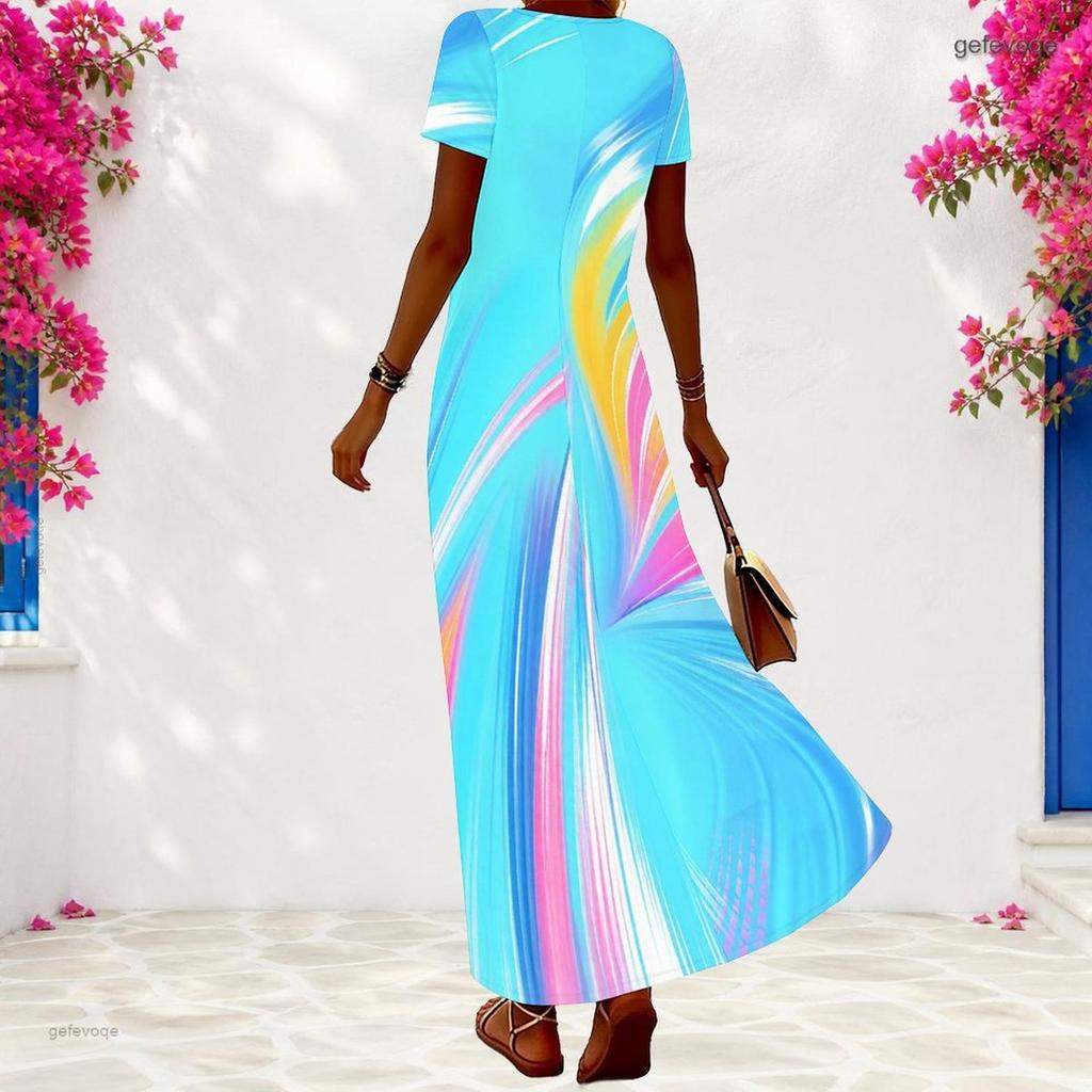 Women Plus Size V Neck Short Sleeve Light Blue Printed Maxi Dress