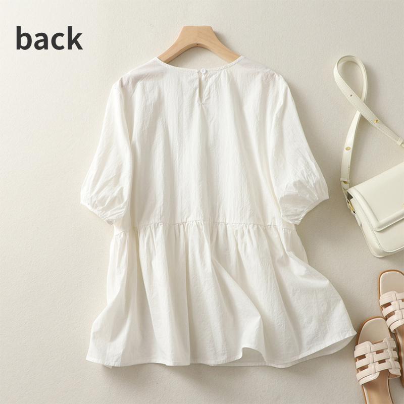 Summer Women Cotton Short Sleeve Crew Neck Ruched Siolid Pullover T-shirt Casual Fashion Breathable Lightweight Soft Comfortable Work Vacation Top