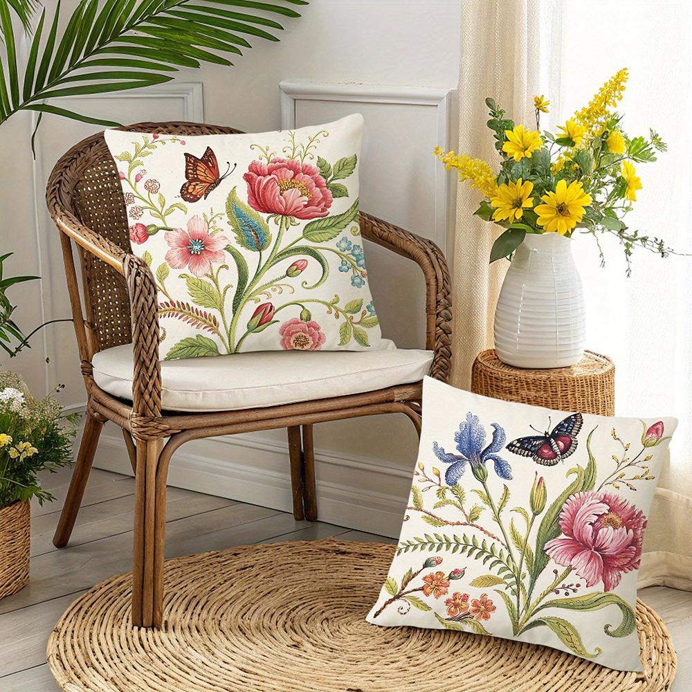 Floral and Fauna-Printed Pillowcases: Birds, Butterflies, and Blooming Flowers Sofa Cushion Cover Home Room Decoration