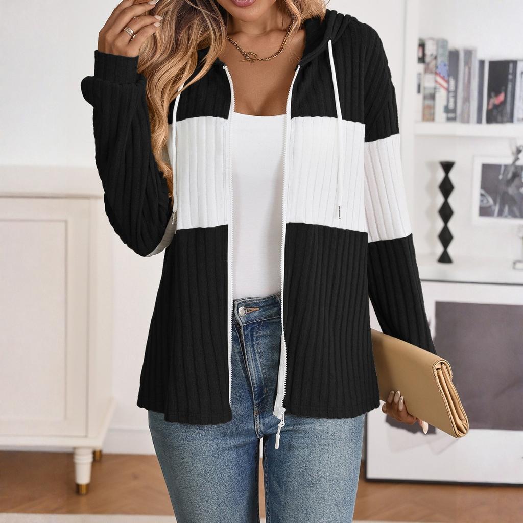 Damen Strickjacke mit Reißverschluss Splicing Lässig Langarm Gestreift Colorblock Oberteil Jacke