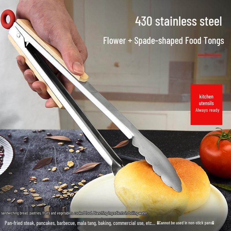Stainless Steel Wooden Handle Silicone Barbecue Tongs - Heat Resistant Bread & Food Tongs