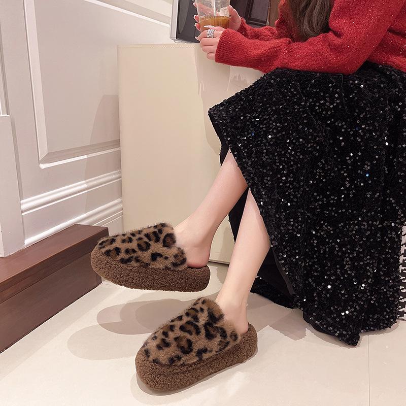 

Leopard print lamb wool thick bottom heightening fluff slippers women s autumn and winter new outer wear bag head fleece warm home cotton mop 35