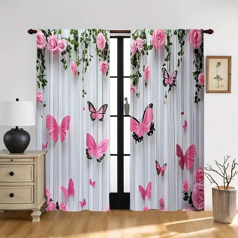 

Butterflies and Pink Roses - Pole bag curtains, bedroom and kitchen decoration, home decoration, living room decoration 14Wx39L(35x100CM)x2&Rod Pocket