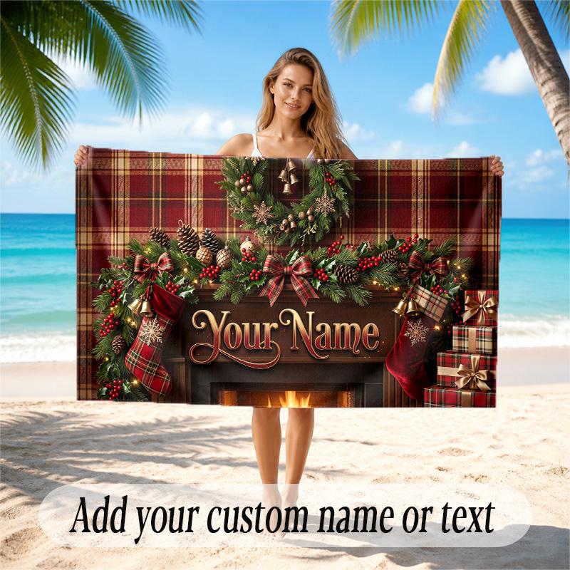 Christmas Theme Quick Dry Beach Towel Custom Name Text Print Large Sand Resistant Towel Beach Vacation