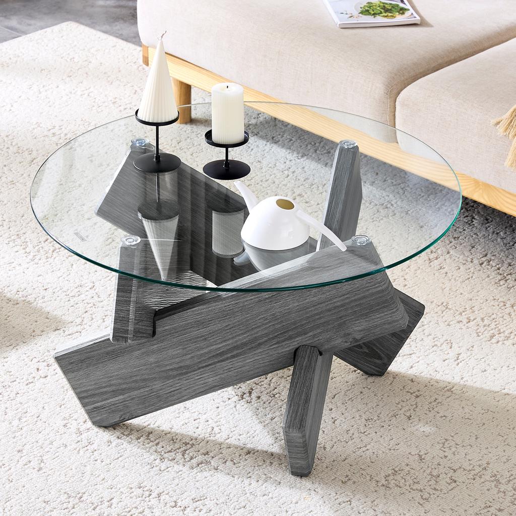 Multi-Color MDF and Glass Round Coffee Table: Creative Cross Gray Support Legs, Simple and Fashionable, 79cm Diameter, 0.8cm Thick Tempered Glass.