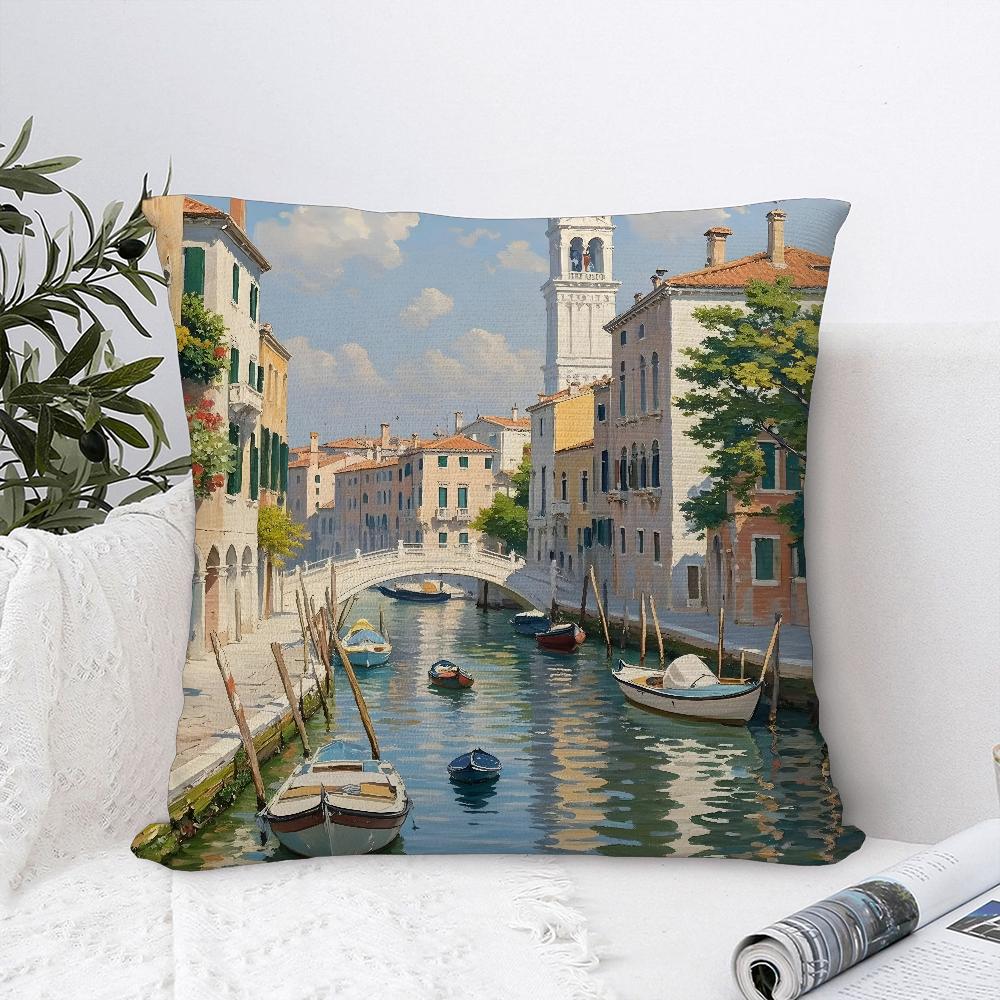 Oil Painting Venice Town Pillow Case Plush Fabric Soft Pillowcase Double Sided Print Cushion Cover Throw Pillow Cover