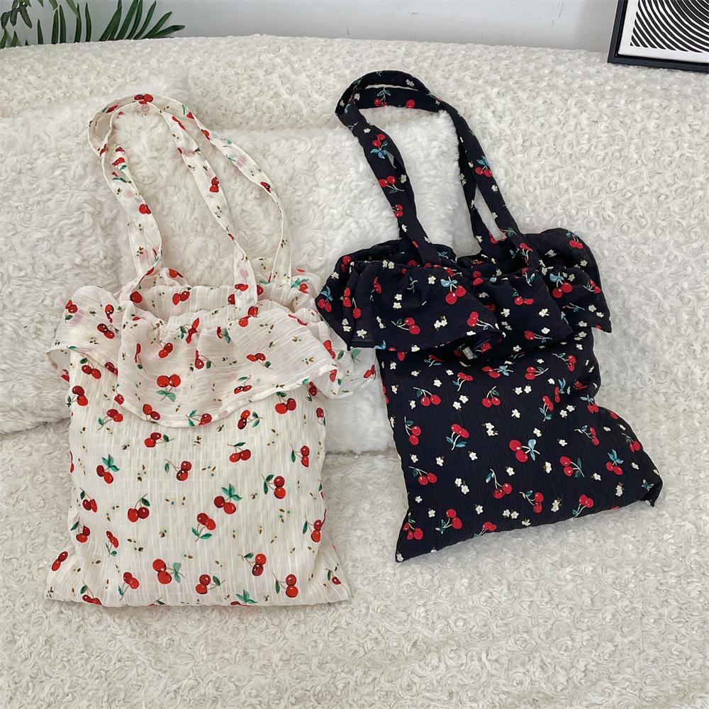 22 spring and summer new chiffon ruffle edge shoulder bag cute cherry canvas bag large capacity portable tote bag
